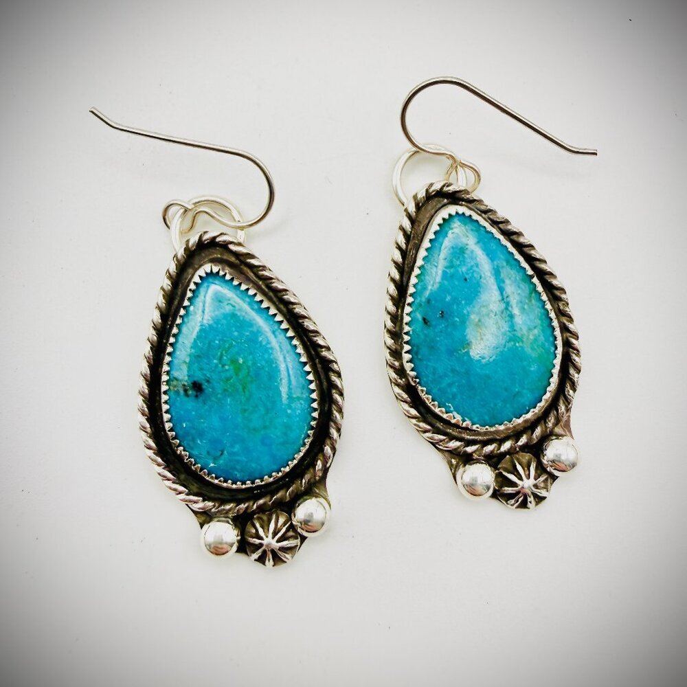 Sterling Silver Turquoise Teardrop Dangle Earrings 925 Artisan Made